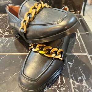 Vionic Black and Gold Loafers with Chain Detail